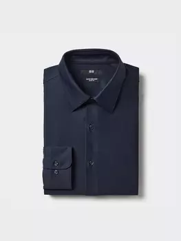 Приталенная рубашка из сверхтонкого трикотажа обычный воротник Uniqlo, синий