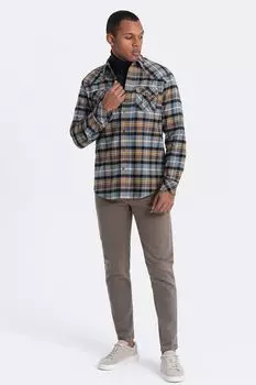 Приталенная рубашка в клетку с накладными карманами Ombre, коричневый