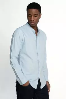 Приталенная узкая синяя рубашка с длинным рукавом и круглым воротником из хлопка и льна TUDORS