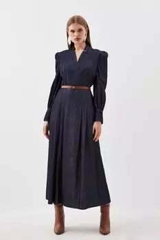 Приталенное джинсовое платье миди со складками и поясом Forever Karen Millen, синий