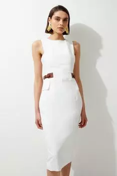 Приталенное льняное платье миди премиум-класса Petite с бретельками на талии Karen Millen, белый