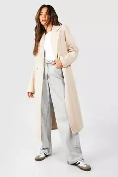 Приталенное пальто макси из шерстяной ткани boohoo, бежевый