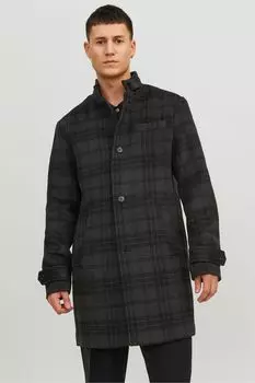 Приталенное пальто с широким воротником из смесовой шерсти Jack & Jones, черный