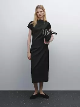 Приталенное платье миди с коротким рукавом Massimo Dutti, черный
