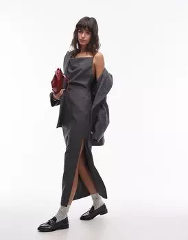 Приталенное платье-миди с воротником-хомутиком серого цвета Topshop