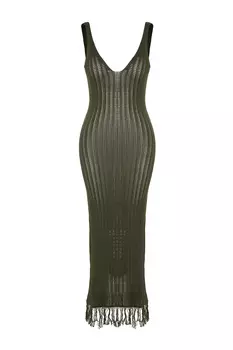 Приталенное пляжное платье макси цвета хаки с кисточками из трикотажа Trendyol