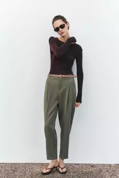Приталенные брюки с поясом ZARA, цвет Light khaki