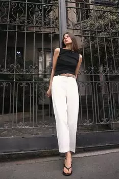 Приталенные брюки с поясом ZARA, устрично-белый