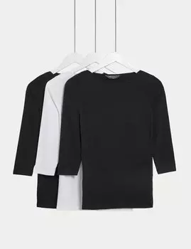 Приталенные топы из 3 пар хлопка с разрезом на шее Marks & Spencer, черный микс