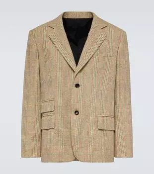 Приталенный блейзер из шерсти и хлопка в клетку Bottega Veneta, Beige/Yellow/Blue