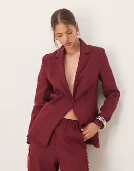 Приталенный блейзер Mango co-ord из 100% льна с бахромой по краям, темно-красный