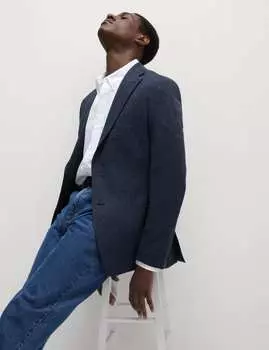 Приталенный блейзер Puppytooth из хлопка с высоким содержанием хлопка Marks & Spencer, темно-синий