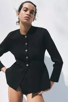 Приталенный длинный трикотажный жакет ZARA, черный