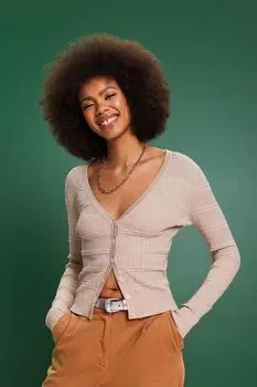 Приталенный кардиган с заостренным воротником Esprit, бежевый