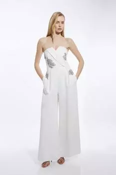 Приталенный комбинезон-бандо с кристаллами и запахом Karen Millen, белый