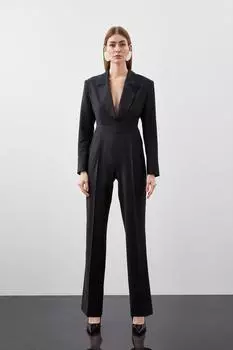 Приталенный комбинезон-блейзер из смесовой шерсти с изогнутым вырезом Karen Millen, черный