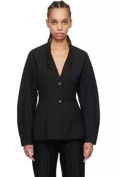 Приталенный меланжевый блейзер с драпировкой Ganni, черный