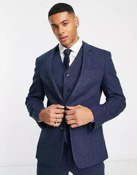 Приталенный пиджак цвета индиго из смесовой шерсти и корзинчатой ткани ASOS DESIGN Wedding