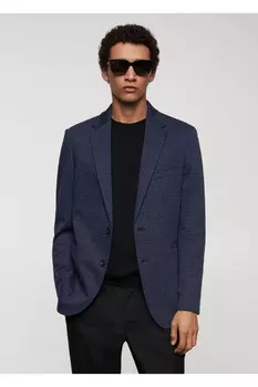 Приталенный пиджак из хлопка в клетку Mango, темно-синий