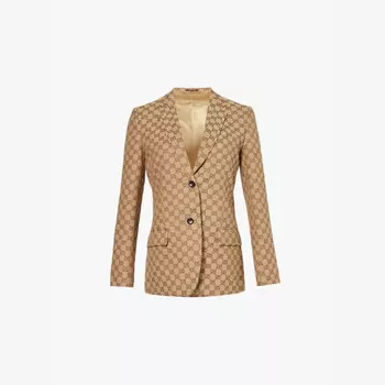 Приталенный пиджак из хлопковой смеси с монограммным принтом Gucci, черный