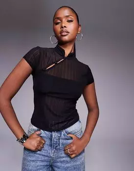 Приталенный сетчатый топ ASOS DESIGN с присборенной отделкой и пуговицами-петлями черного цвета