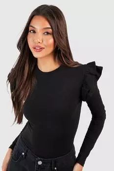 Приталенный топ из джерси с длинными рукавами и оборками boohoo, черный
