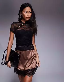 Приталенный топ с короткими рукавами и кружевом ASOS DESIGN черного цвета с отделкой в виде руло-петли