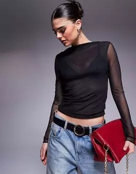 Приталенный топ с высоким воротом и длинными рукавами из двухслойной сетки ASOS DESIGN черного цвета