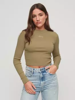 Приталенный топ в рубчик с длинными рукавами и вышивкой Superdry, зимняя веточка бежевого цвета