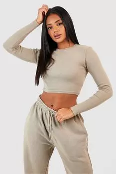 Приталенный топ в рубчик с длинными рукавами boohoo, бежевый