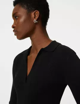 Приталенный трикотажный топ с ребристым воротником Marks & Spencer, черный