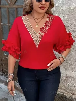 Priv Блузка больших размеров с цветочной вышивкой в стиле пэчворк, кружевной отделкой и v-образным вырезом с оборками по краю, модная и повседневная летняя одежда Shein, красный