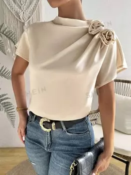 Priv Блузка с длинными рукавами, водолазка, однотонное изделие, цветочный узор, очень большой размер, простая одежда Shein, шампанское