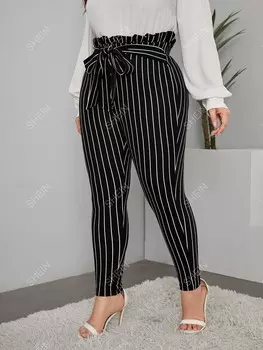 Priv Брюки больших размеров, полосатый рисунок, складчатая талия, завязка спереди, зауженный крой Shein, черный