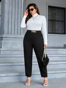 Priv Брюки больших размеров с завышенной талией и цепочками Shein, черный