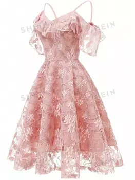 Priv Цельное платье, красивый Однотонный цвет, кружево, открытые плечи, большие размеры, на лето Shein, розовый