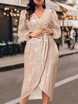 Priv, Длинное платье, Длинные рукава, V-образный вырез, все больших размеров Shein, абрикосовый