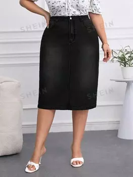 Priv Джинсовая юбка больших размеров, водная стирка, эластичная, повседневная Shein, черный