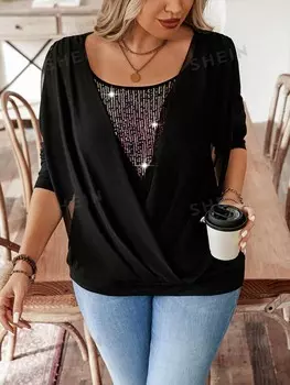 Priv Футболка больших размеров с пайетками, вышитый тканевый узор, запах Shein, черный