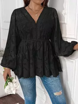 Priv Элегантная блузка больших размеров, жаккардовые детали, вырезы, V-образный вырез Shein, черный