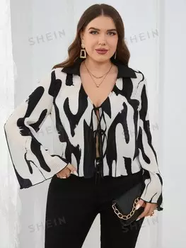 Priv Элегантная рубашка больших размеров со складками и случайным принтом, завязкой спереди и расклешенным кроем Shein, черно-белый