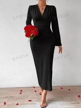 Priv Элегантное и интеллектуальное платье размера плюс с глубоким v-образным вырезом на талии и плиссировкой «рыбий хвост» с Длинными рукавами для похудения ранней осенью Shein, черный