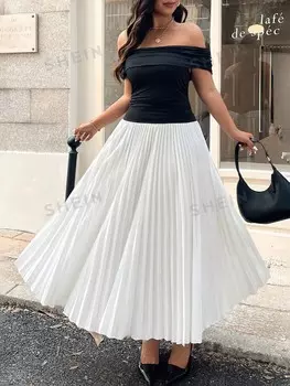 Priv Элегантное платье Вырез футболки, этикетка на рукаве Быстро редактируется и мнётся, большой размер Shein, черно-белый