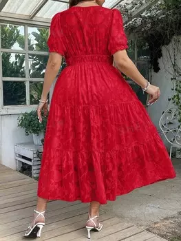 Priv Элегантное Женское платье больших размеров с v-образным вырезом и жаккардовым вырезом Shein, красный