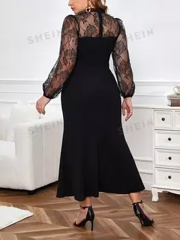 Priv Элегантное Женское платье больших размеров с рукавами-фонариками и кружевным краем русалки Shein, черный