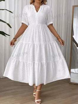Priv Летнее платье с короткими рукавами, глубоким V-образным вырезом, Однотонное, большого размера, с вырезами Shein, белый