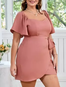 Priv Летнее романтическое элегантное Однотонное платье размера плюс с запахом и вырезом в форме сердца Shein, розовый