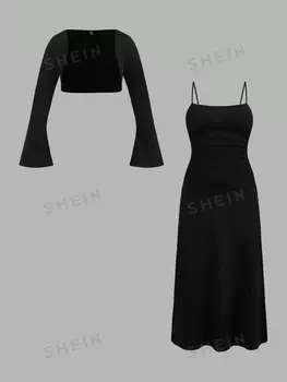 Priv Летний элегантный комплект из 2 предметов больших размеров для прогулок и послеобеденного чая, удобный облегающий топ с длинными рукавами и облегающее платье-купальник для женщин Shein, черный