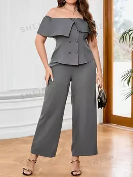 Priv Летний комплект из двух предметов больших размеров, элегантный и повседневный простой двубортный двубортный брючный костюм с открытыми плечами, комплект из двух предметов Shein, серый