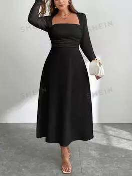 Priv Миди-платье без рукавов для женщин больших размеров, вырез через бретельку, застежка сбоку, Длинное школьное платье. осенью Shein, черный